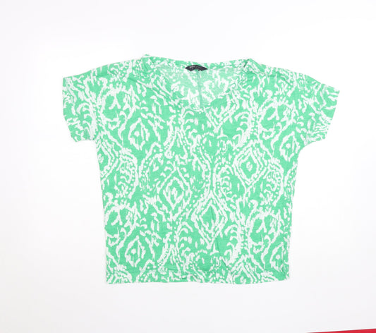 Marks and Spencer Womens Green Pattern Linen Blend V-Neck T-Shirt Size 12