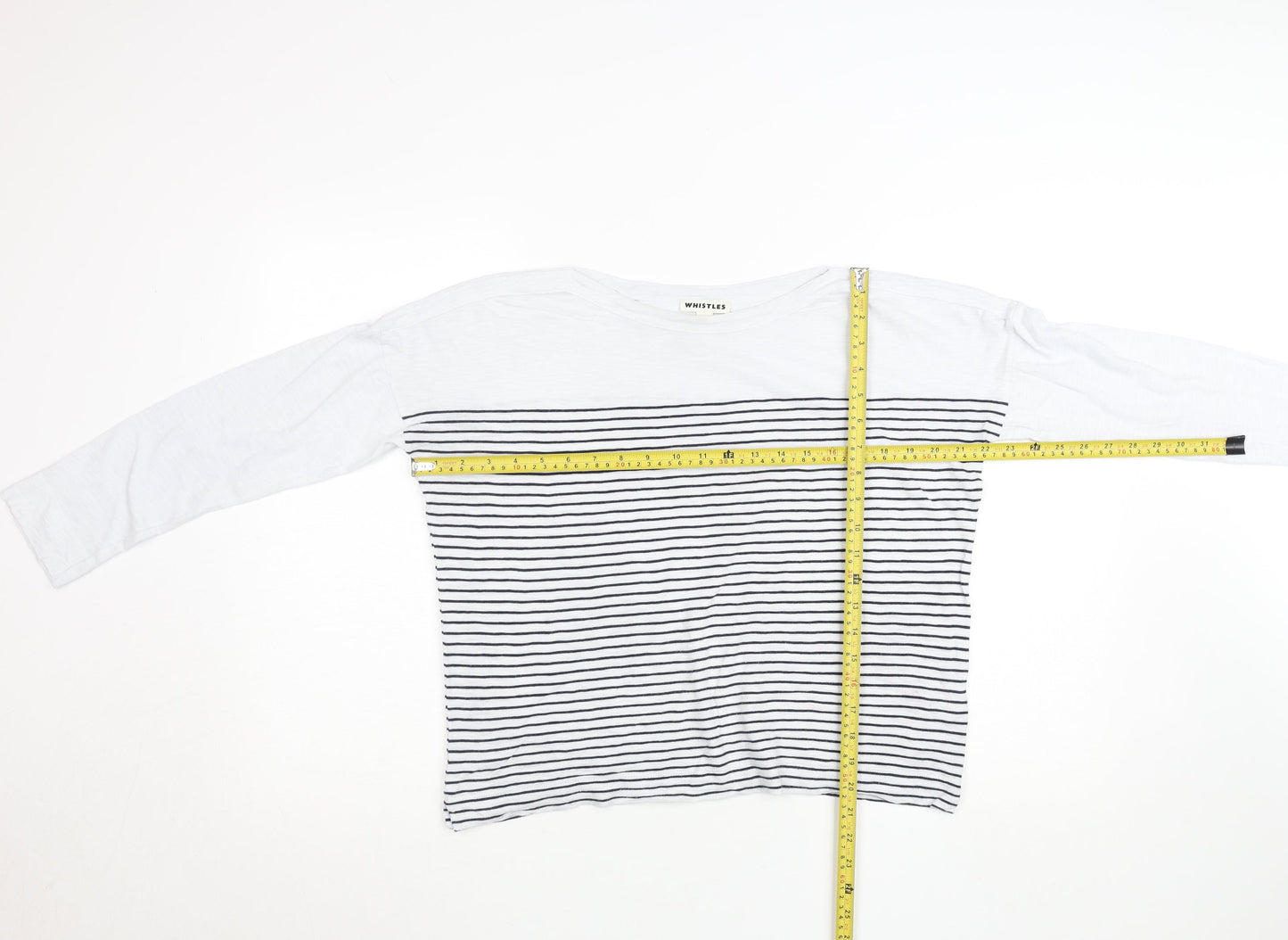 Whistles Women White Striped Long Sleeve Cotton T-Shirt Size S