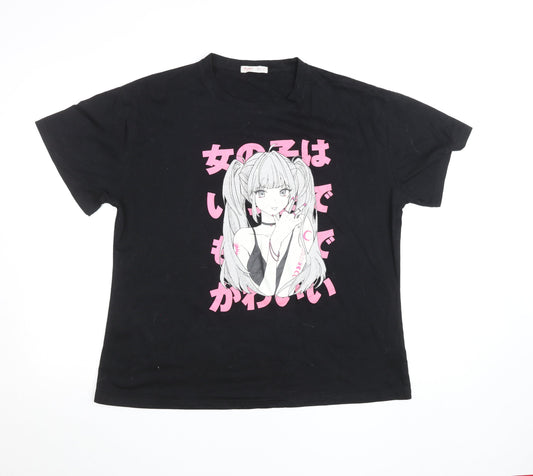 Romwe Womens Black Anime Graphic T-Shirt Size 10 Polyester Blend