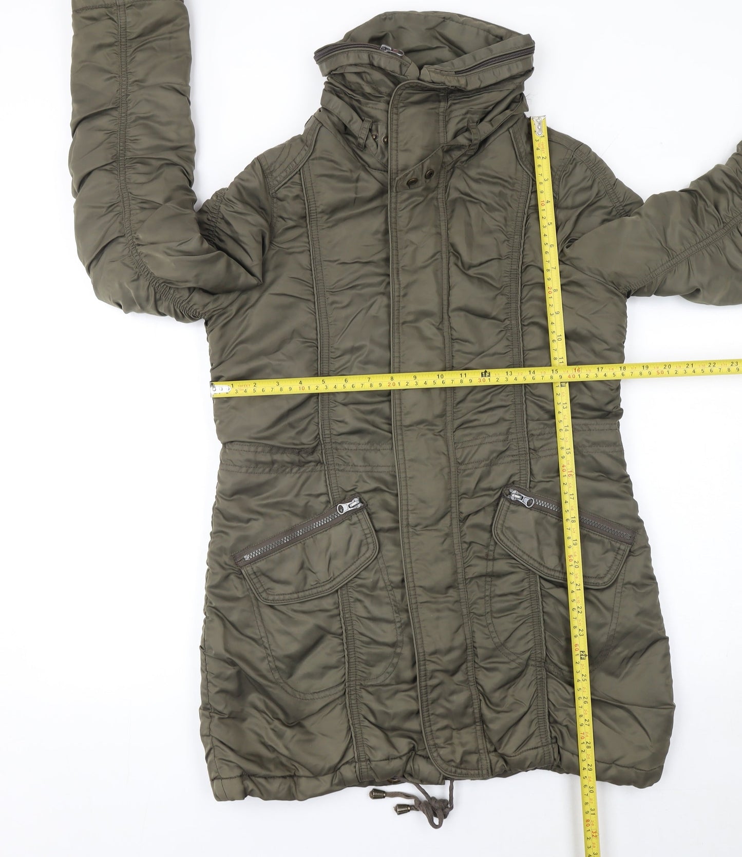 Pink Women’s Green Long Hooded Puffer Coat Size S Polyamide