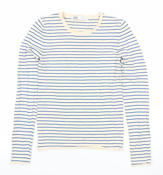 Zara Womens Beige Blue Striped Long Sleeve Cotton T-Shirt S
