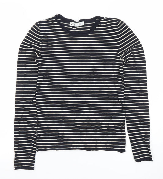 ZARA Women Black White Striped Long Sleeve Cotton T-Shirt XS