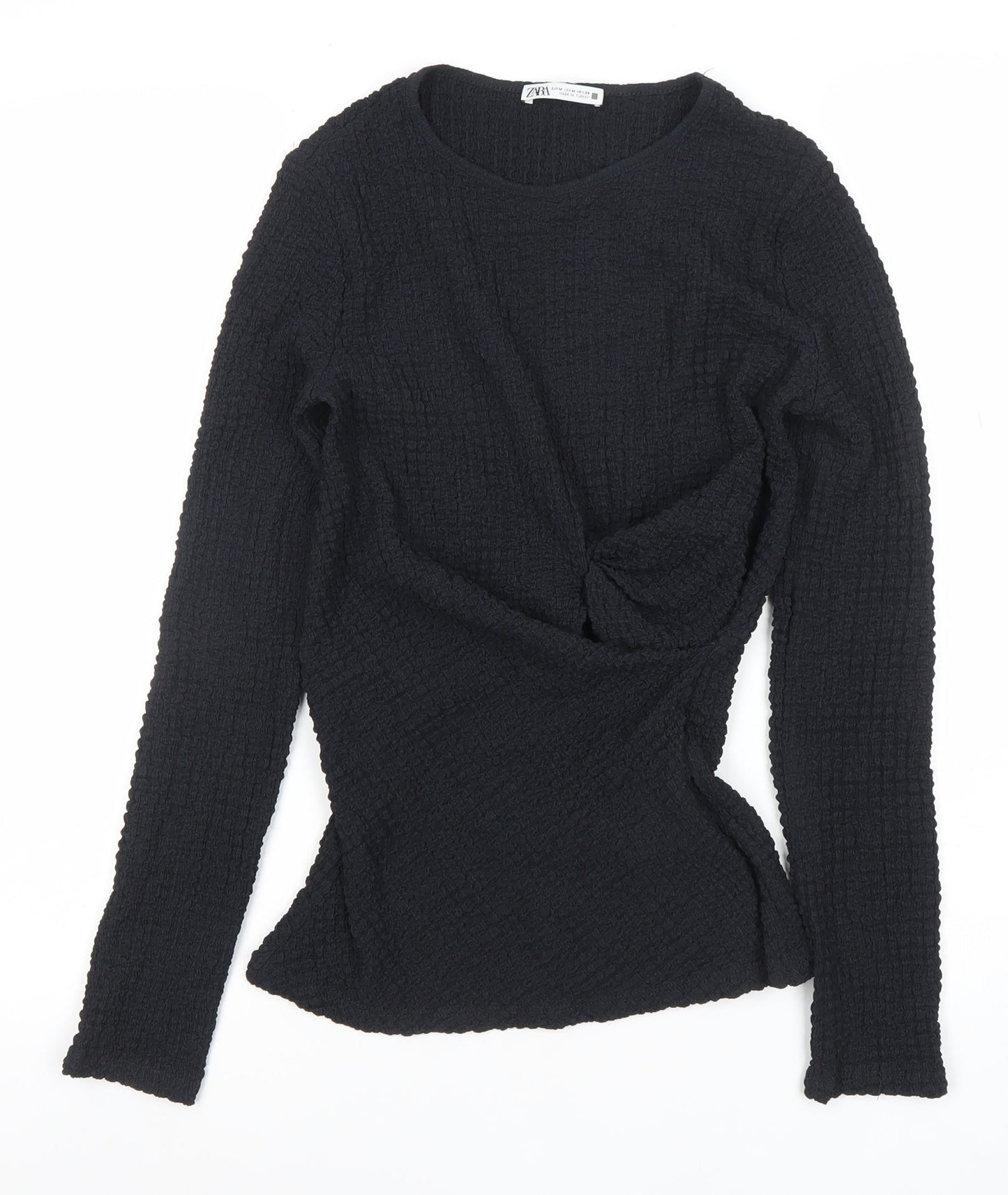 ZARA Women Black Long Sleeve Textured Twist Slim Fit Top M