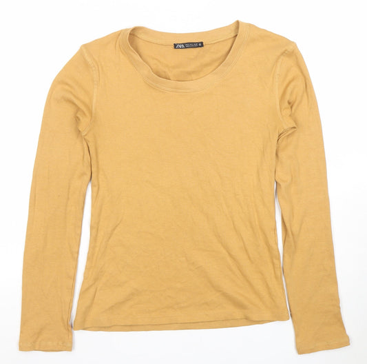 ZARA Women's Beige Basic Long Sleeve Cotton T-Shirt Size S