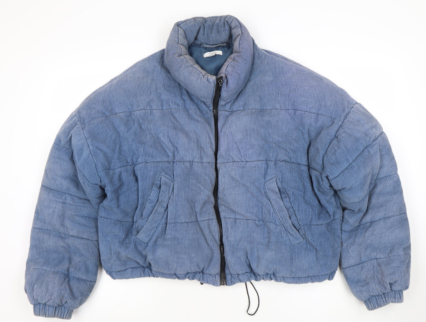 OVS Women Blue Corduroy Puffer Jacket Size 12 Short Zip Winter Coat