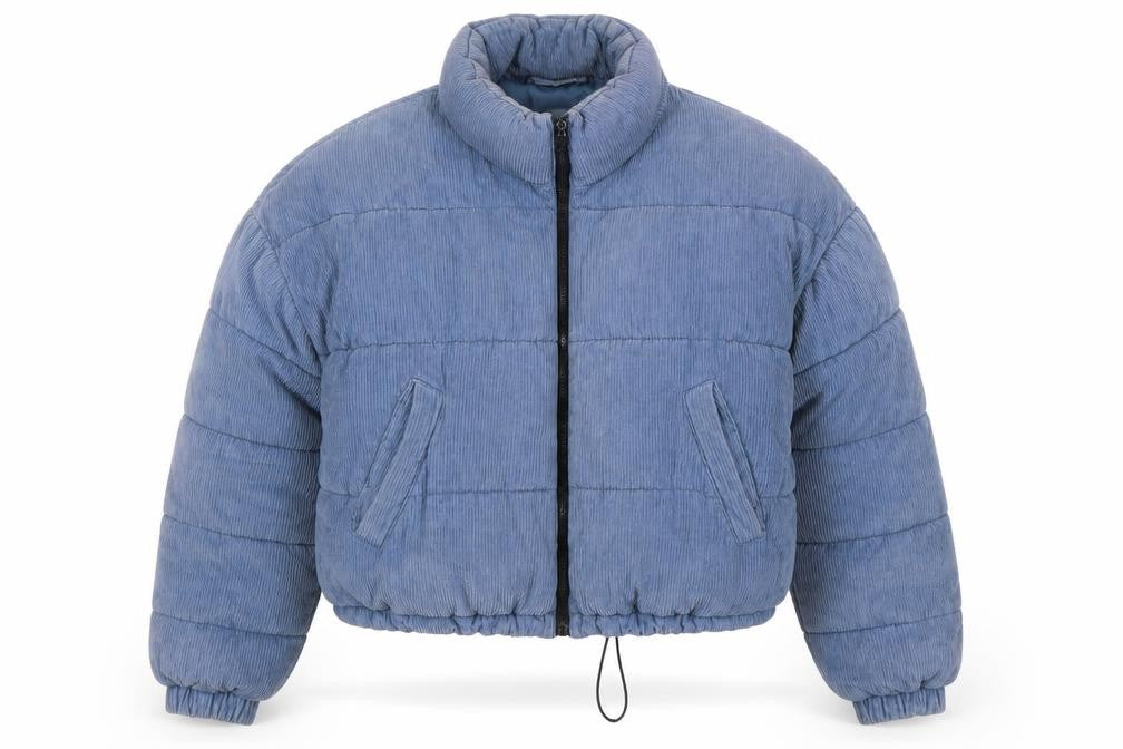 OVS Women Blue Corduroy Puffer Jacket Size 12 Short Zip Winter Coat
