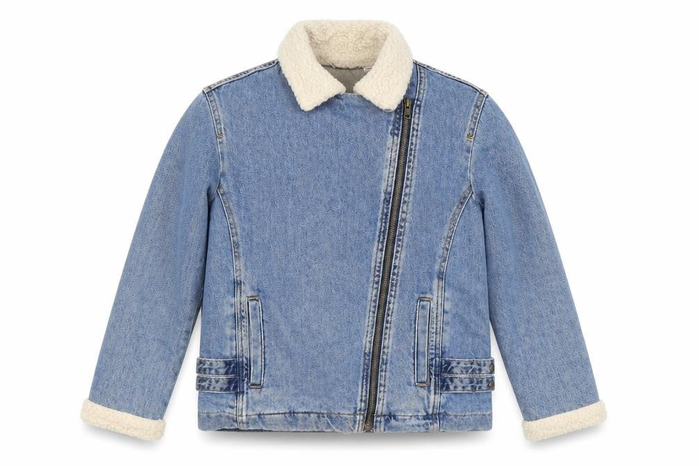 Zara Girls Blue Denim Shearling Lined Biker Jacket 9-10 Years