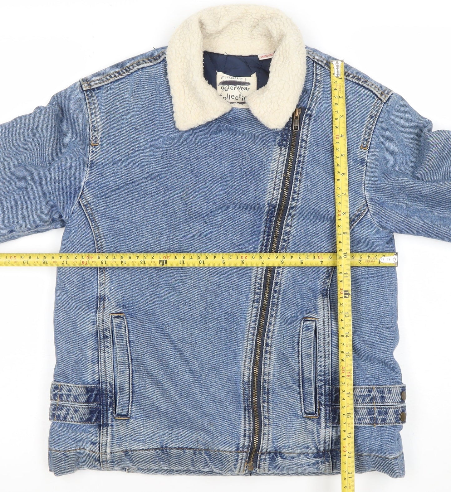 Zara Girls Blue Denim Shearling Lined Biker Jacket 9-10 Years