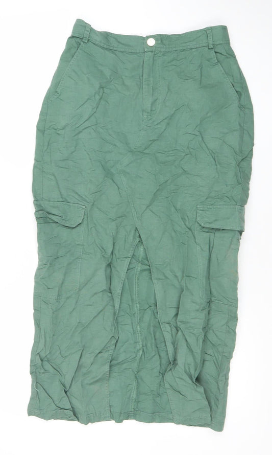 Zara Womens Green Cargo Midi Skirt Size M Linen Cotton