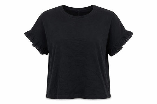 JWILLIAMS Womens Black Cotton Ruffle Sleeve Relaxed Fit T-Shirt Size 26