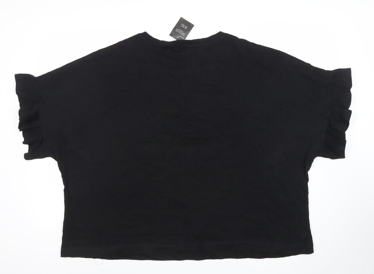 JWILLIAMS Womens Black Cotton Ruffle Sleeve Relaxed Fit T-Shirt Size 26