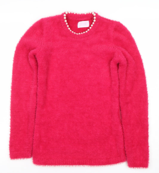 Savida Women Pink XS Beaded Crew Neck Fluffy Jumper