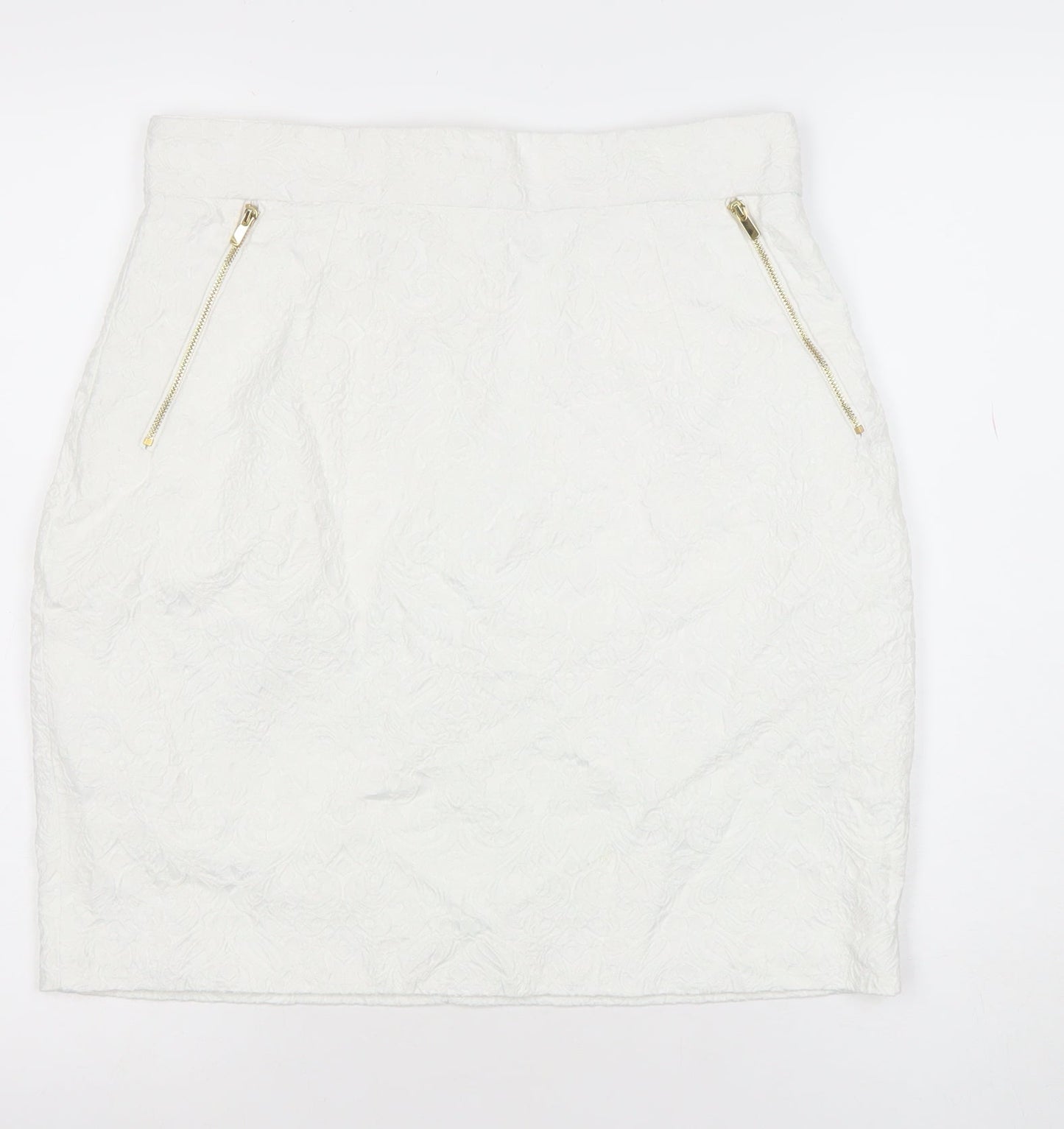 H&M Women White Cotton Blend Pencil Skirt Size 14 Lined Zip Detail