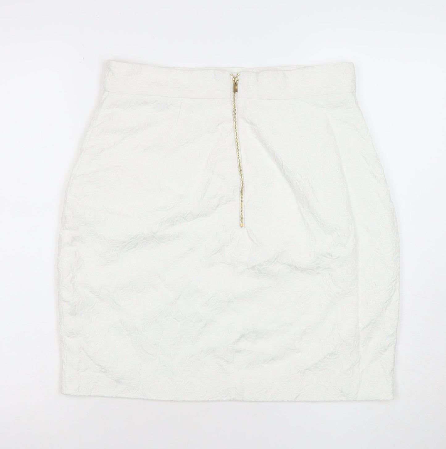 H&M Women White Cotton Blend Pencil Skirt Size 14 Lined Zip Detail