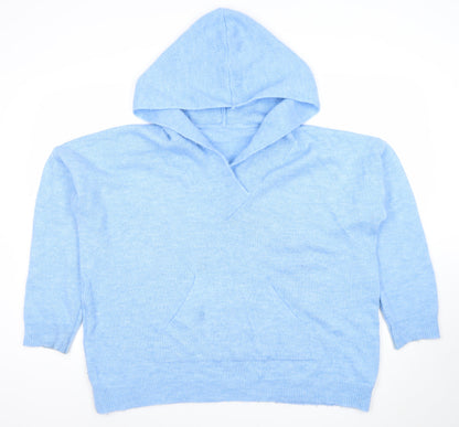 Additional front view of Gallery Women's Blue Hooded V-Neck Knit jumper, size 16