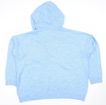 Close-up detail of Gallery Women's Blue Hooded V-Neck Knit jumper, size 16