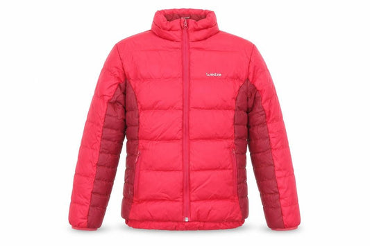 Front view of Wedze girls’ red puffer jacket 12 years down insulated winter ski coat
