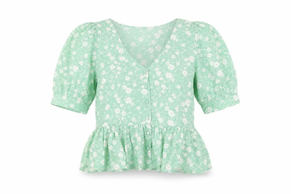 New Look Women Green Floral V-Neck Puff Sleeve Peplum Blouse Size 10
