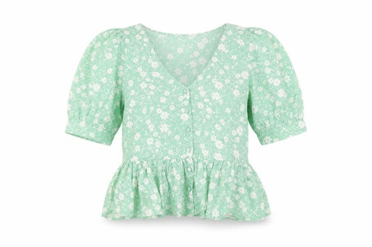 New Look Women Green Floral V-Neck Puff Sleeve Peplum Blouse Size 10