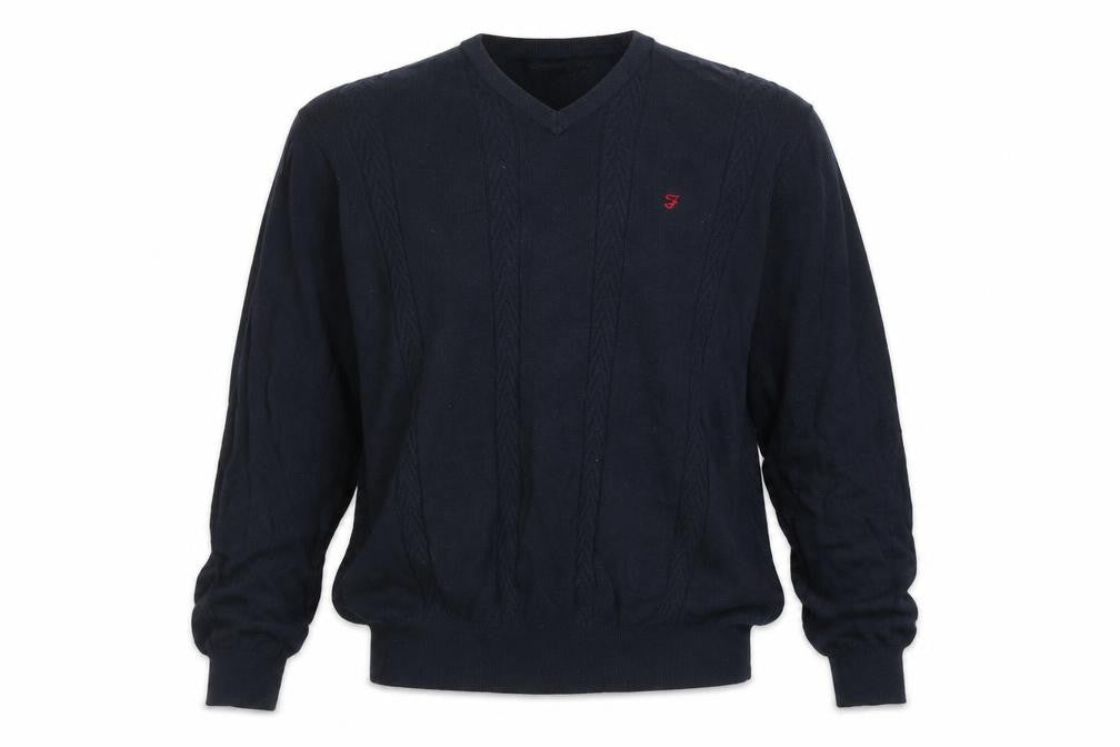 Farah Men’s Blue Cotton V-Neck Cable-Knit Jumper M