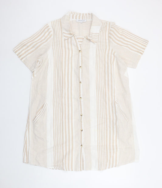 Zhenzi Women’s Beige Striped Shirt Dress Short Sleeve S Cotton Linen