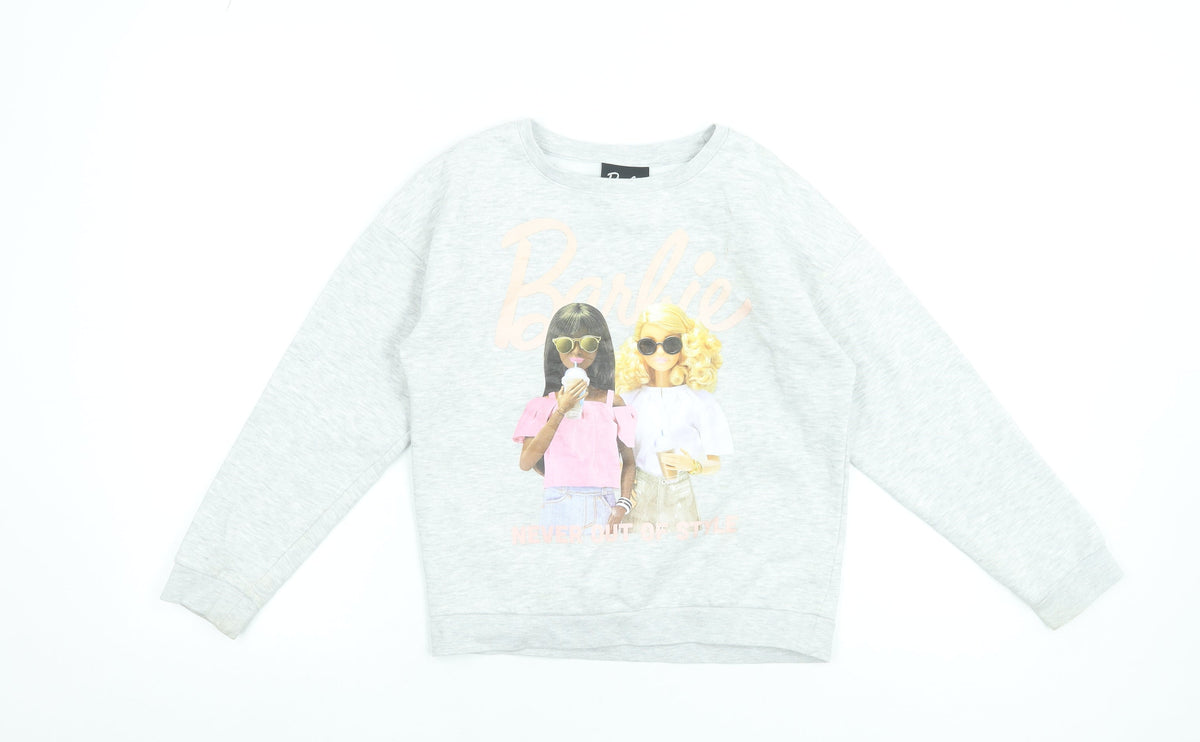 Barbie Girls Grey Pullover Sweatshirt 10 Years Graphic Print Cotton Blend
