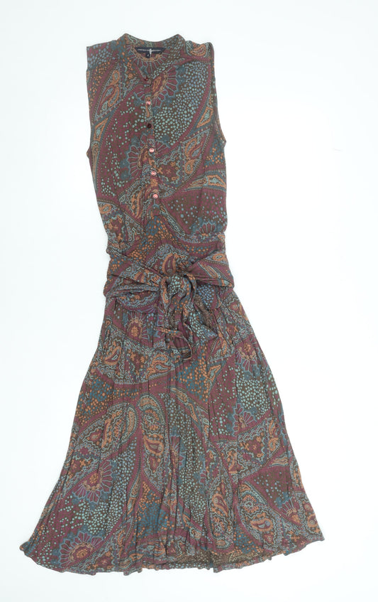 French Connection Women’s Multicoloured Paisley Sleeveless Belted Shirt Dress Size 6