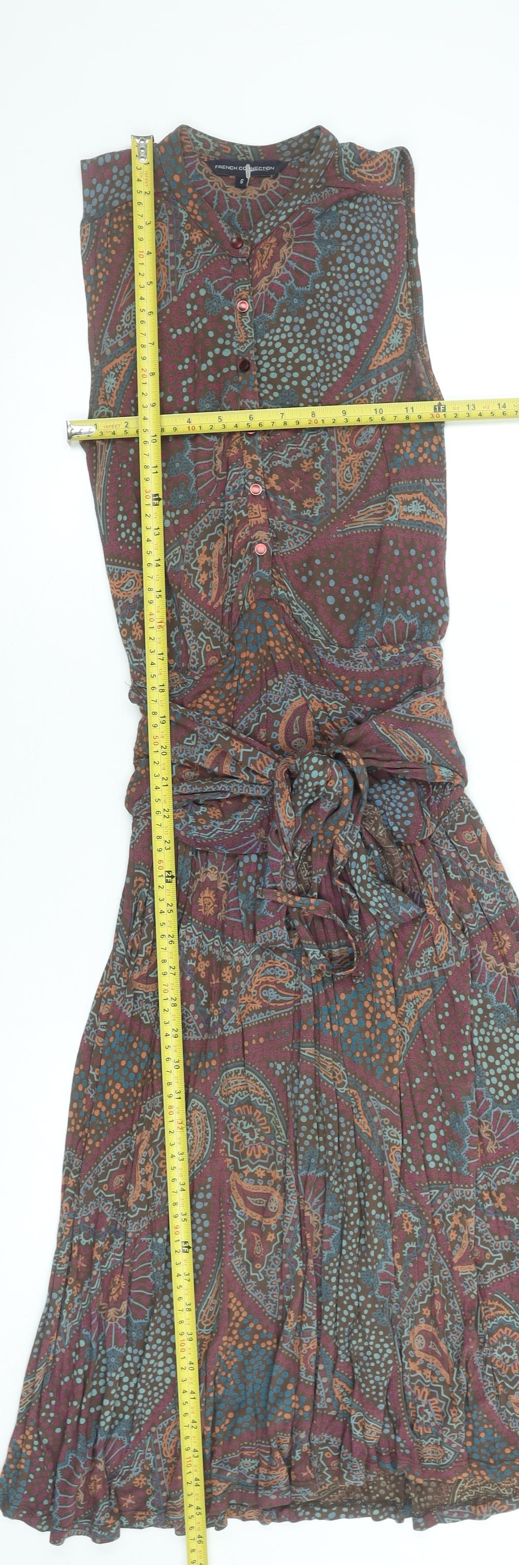 French Connection Women’s Multicoloured Paisley Sleeveless Belted Shirt Dress Size 6
