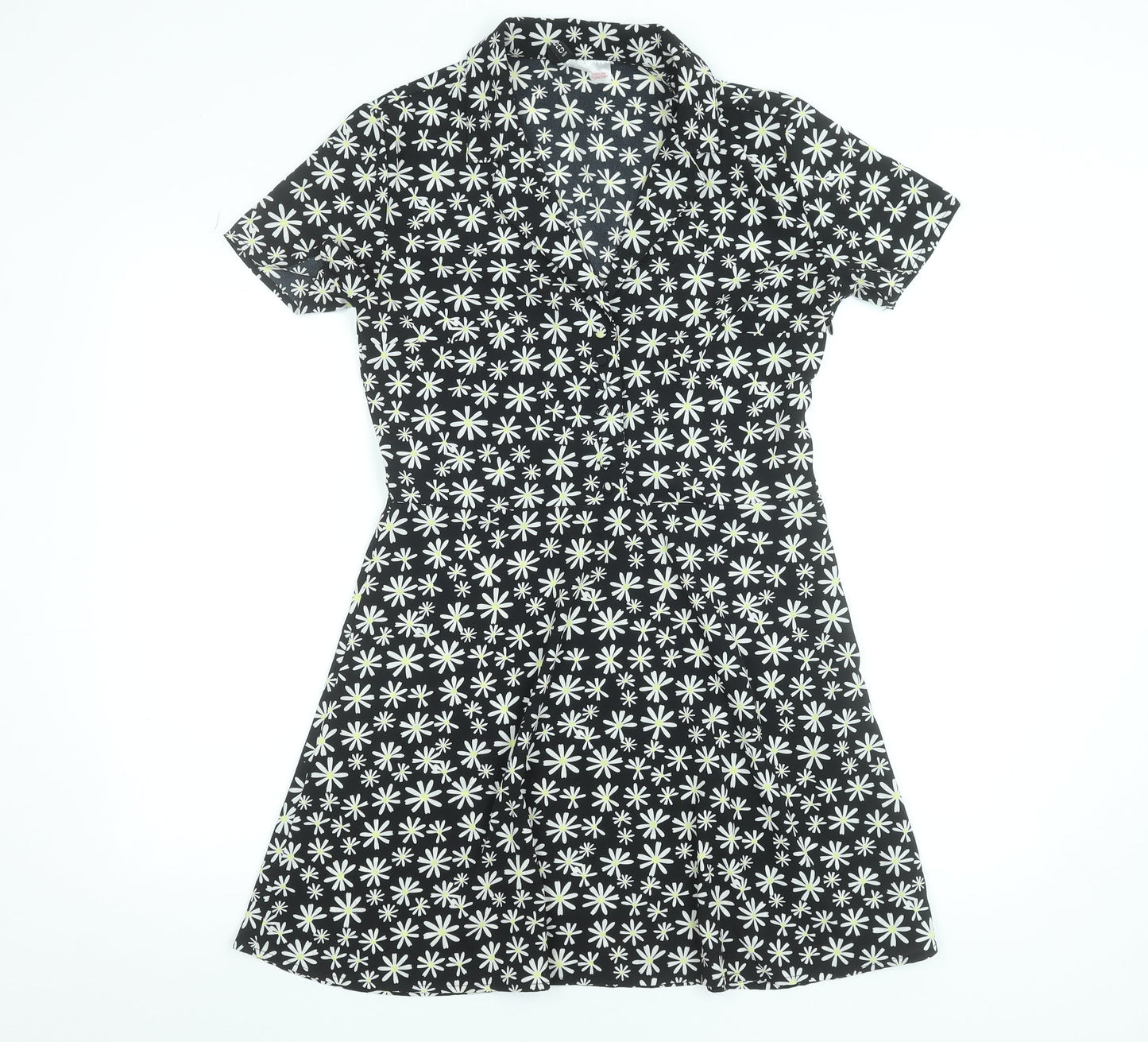H&M Women’s Black Daisy Floral Fit & Flare Shirt Dress Size 12