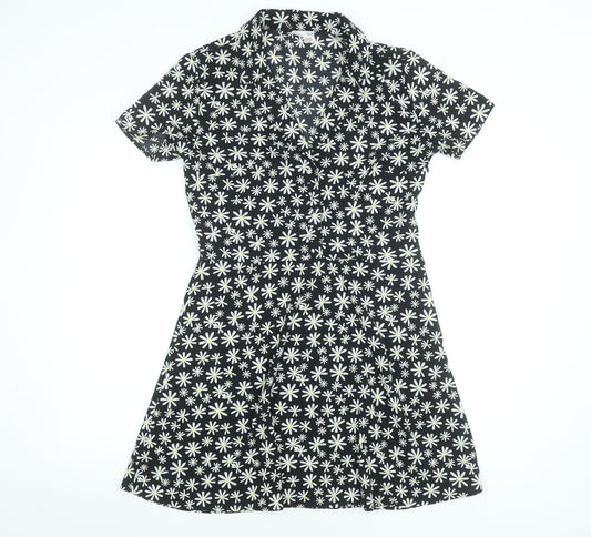 H&M Women’s Black Daisy Floral Fit & Flare Shirt Dress Size 12