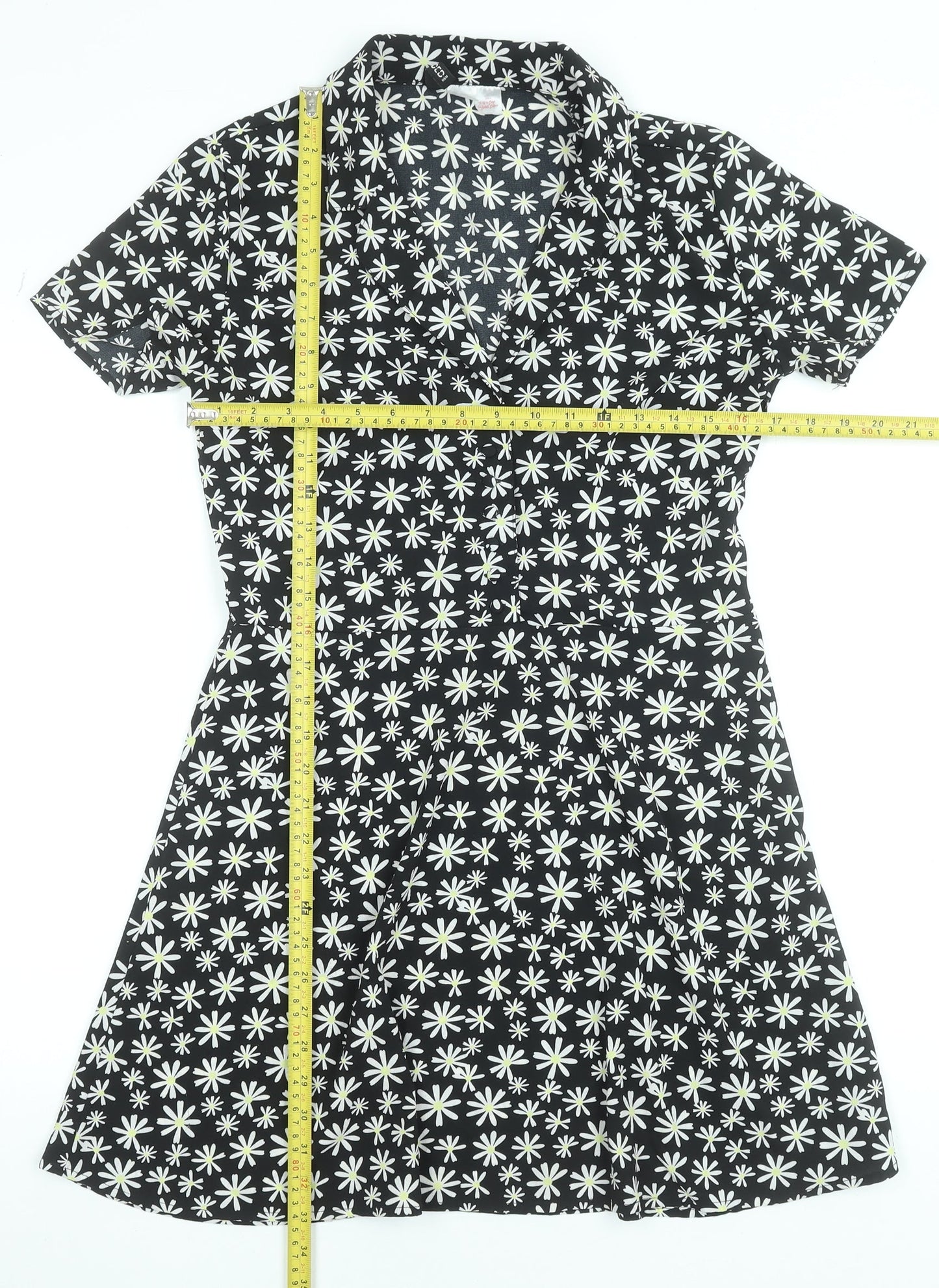 H&M Women’s Black Daisy Floral Fit & Flare Shirt Dress Size 12