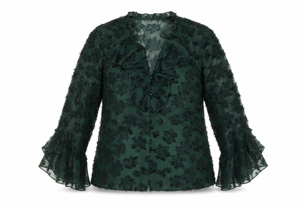 Gallery Women’s Green Floral Chiffon Ruffle Blouse Size 12