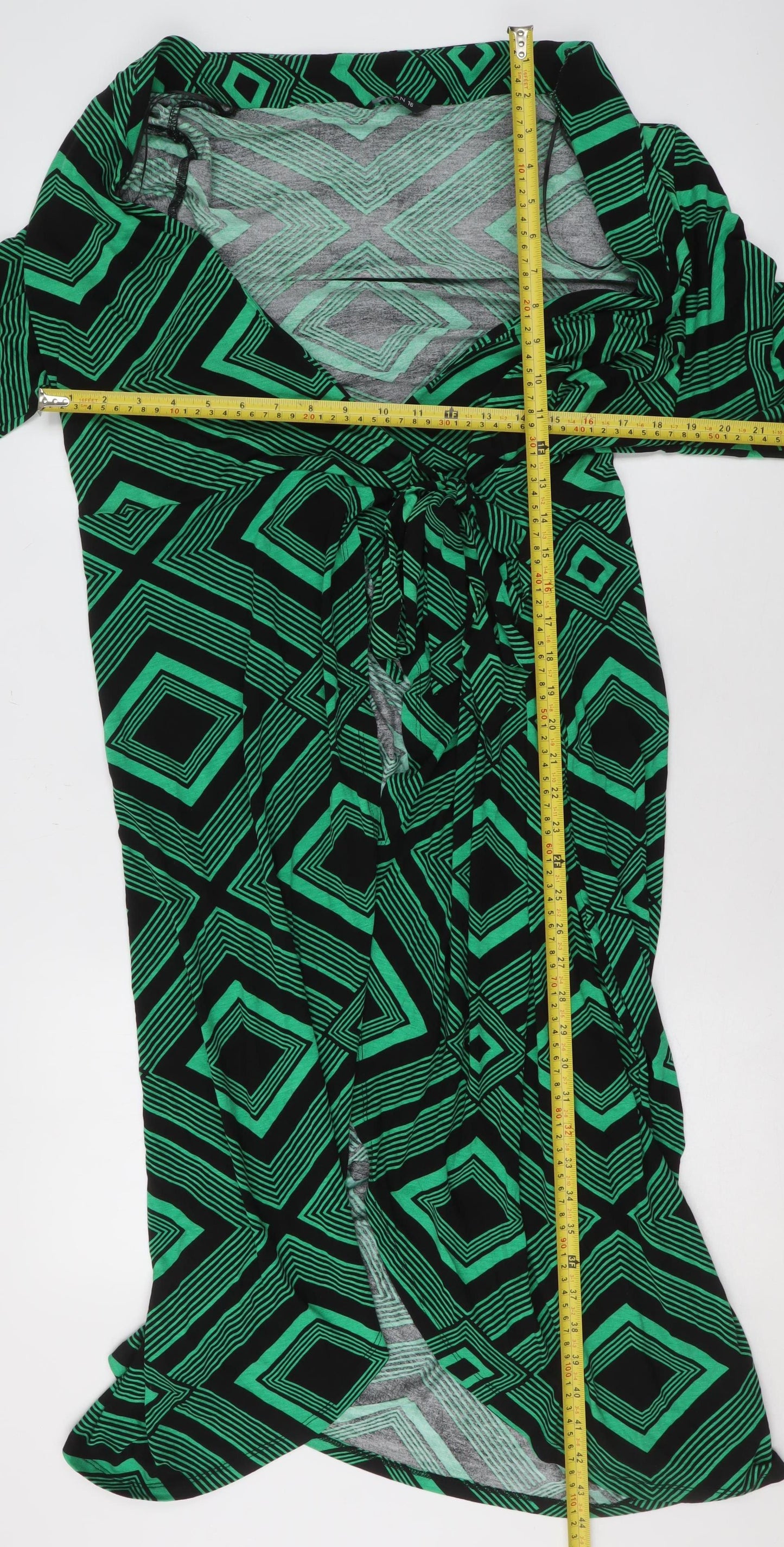 Roman Women Green Geometric Wrap Dress Size 16 Viscose Jersey
