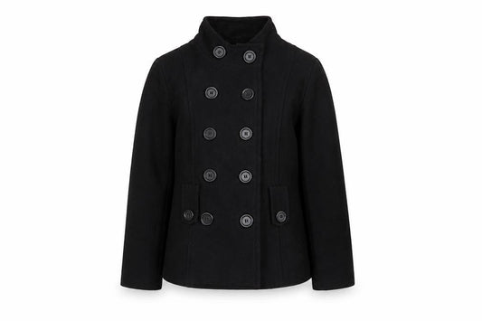 Front view of Back to School girls’ black wool blend double-breasted pea coat 9-10 years