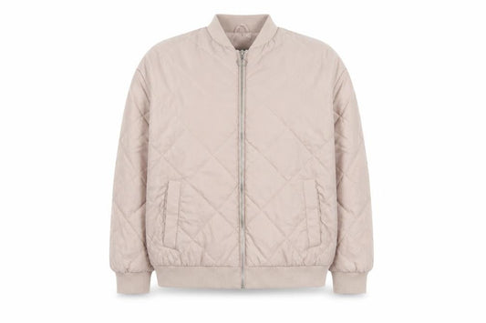 Front view of New Look girls’ beige quilted bomber jacket age 14-15 years