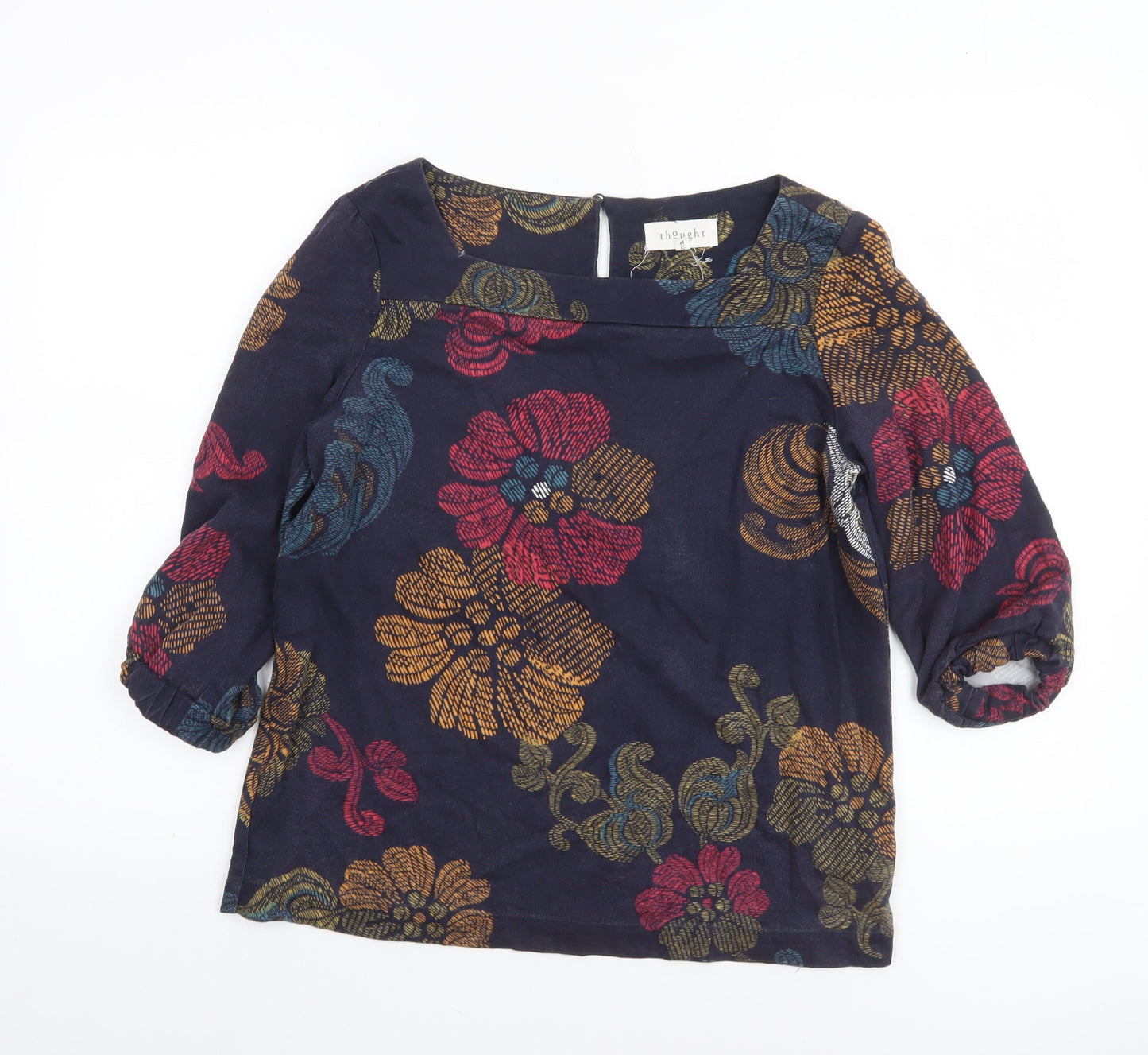 Thought Womens Navy Floral Blouse Size 10 3/4 Sleeve Cotton Blend
