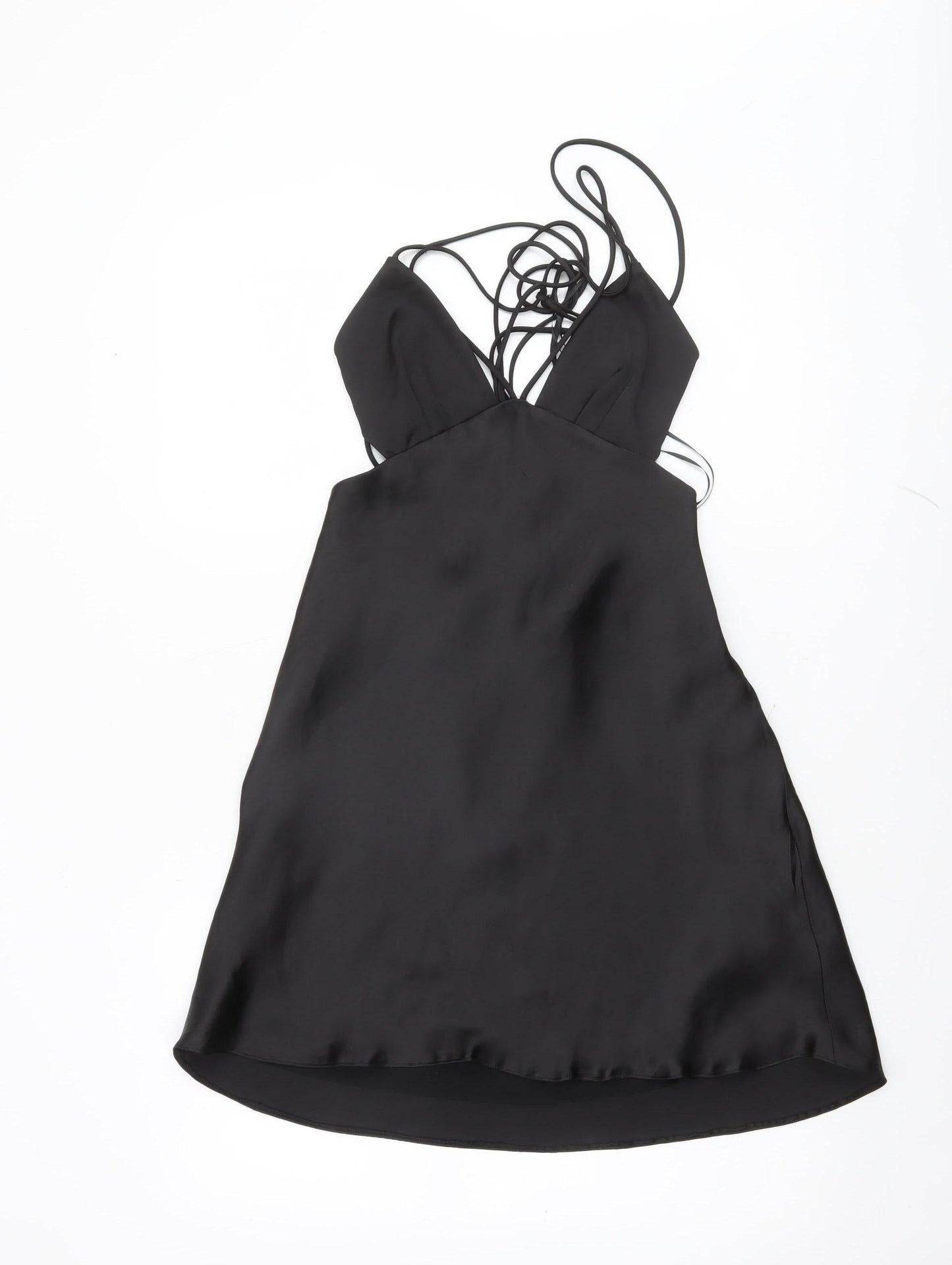ZARA Women Black Satin Slip Dress M Strappy V-Neck Partywear