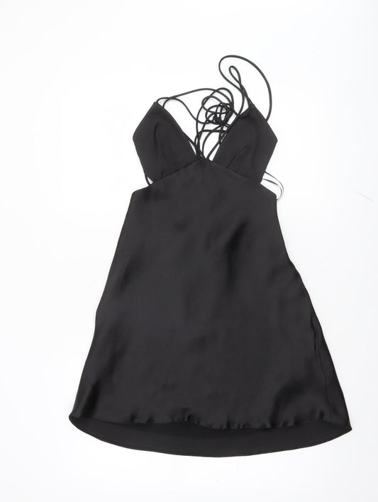 ZARA Women Black Satin Slip Dress M Strappy V-Neck Partywear