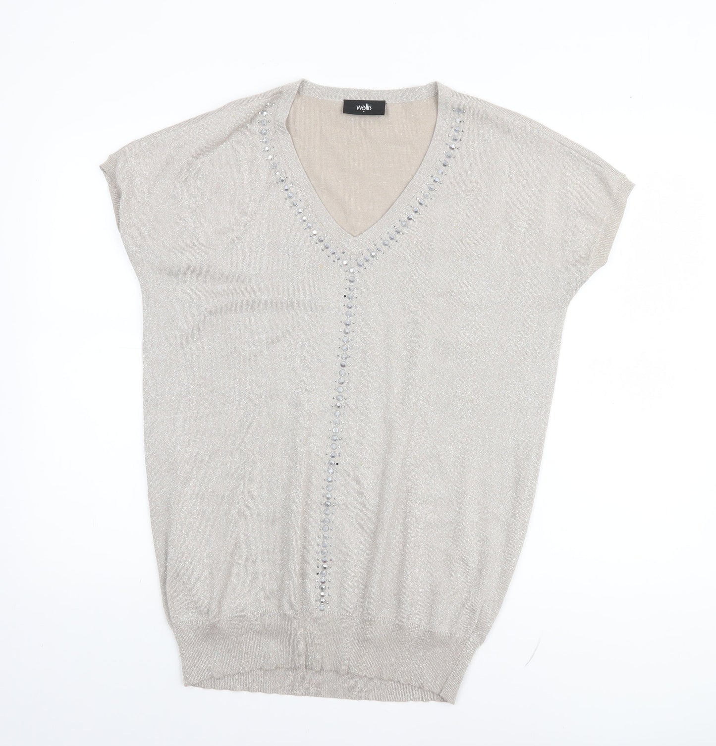 Wallis Women Beige Sequin V-Neck Short Sleeve Pullover Jumper Size S