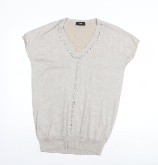 Wallis Women Beige Sequin V-Neck Short Sleeve Pullover Jumper Size S