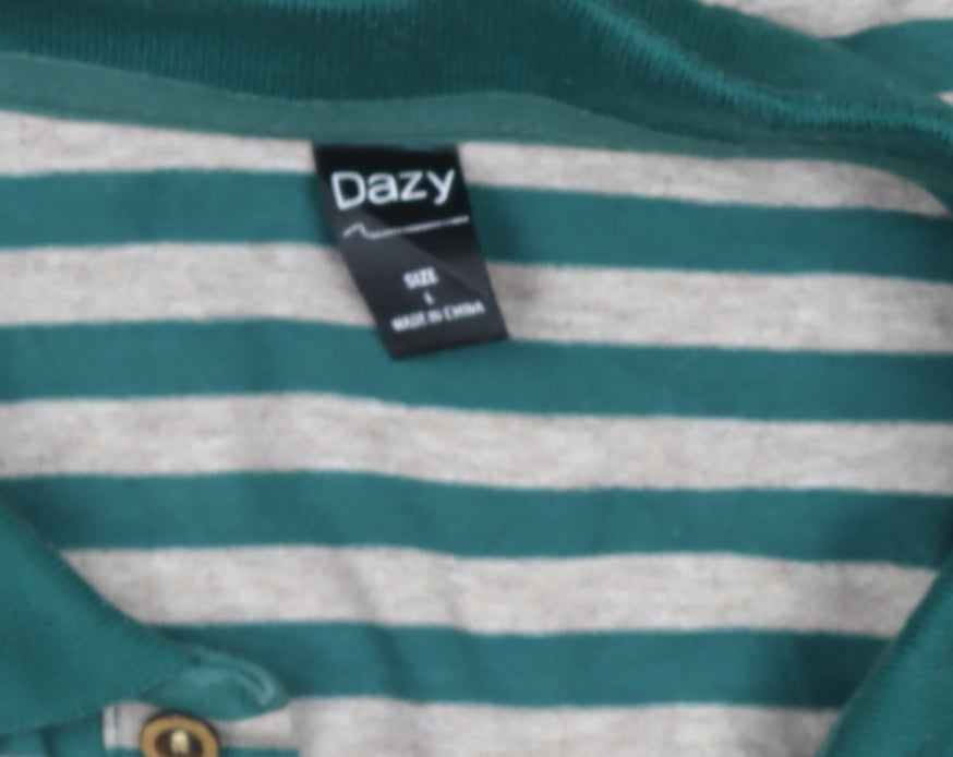 Dazy Men's Green Striped Viscose Polo Shirt Size L
