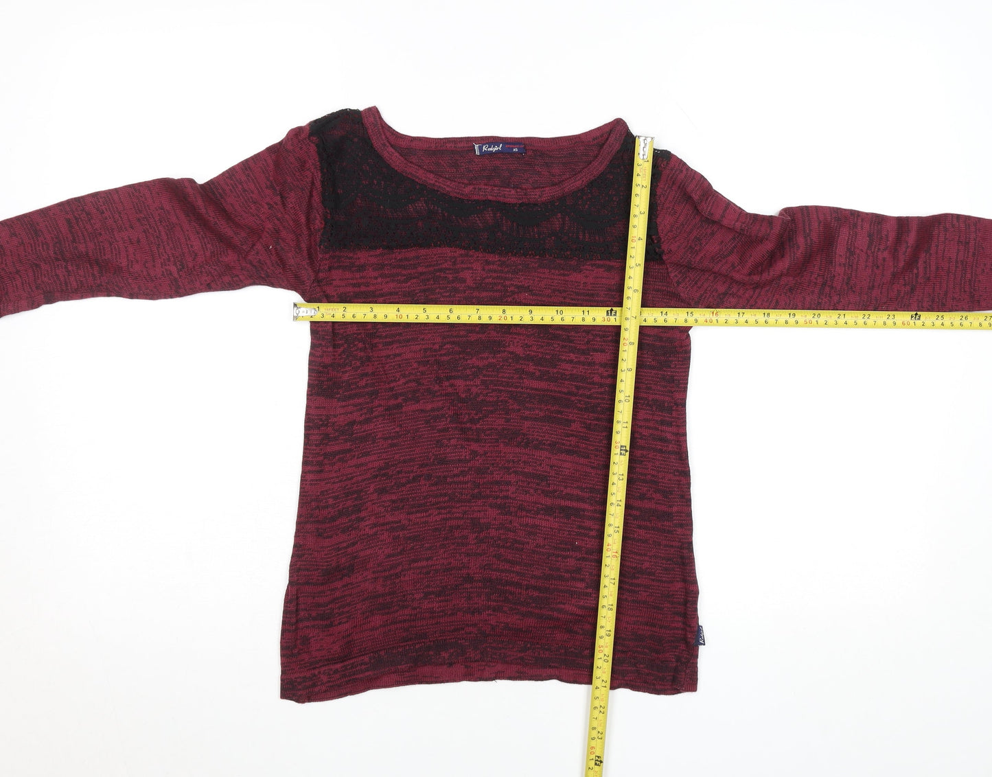 Redgirl Women's Red Lace Panel Long Sleeve Knit Top XS