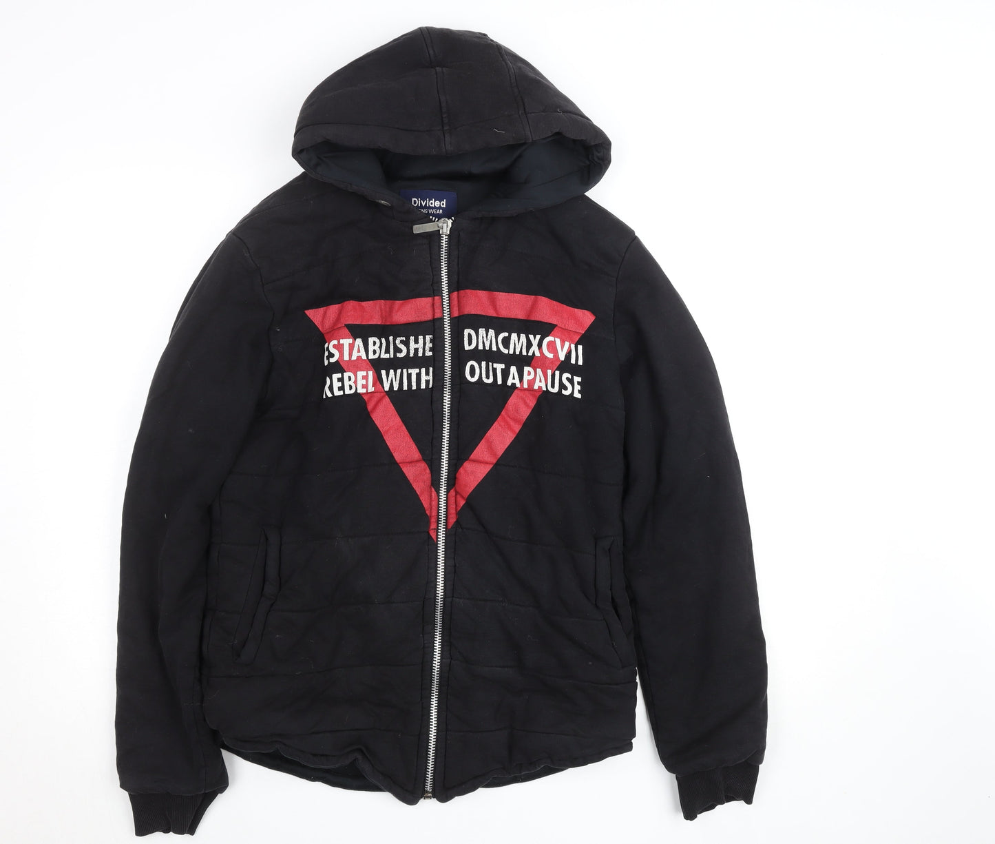 Divided Mens Black Hooded Bomber Jacket L Full Zip Embroidered Casual