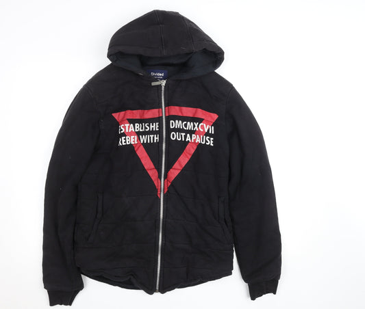 Divided Mens Black Hooded Bomber Jacket L Full Zip Embroidered Casual