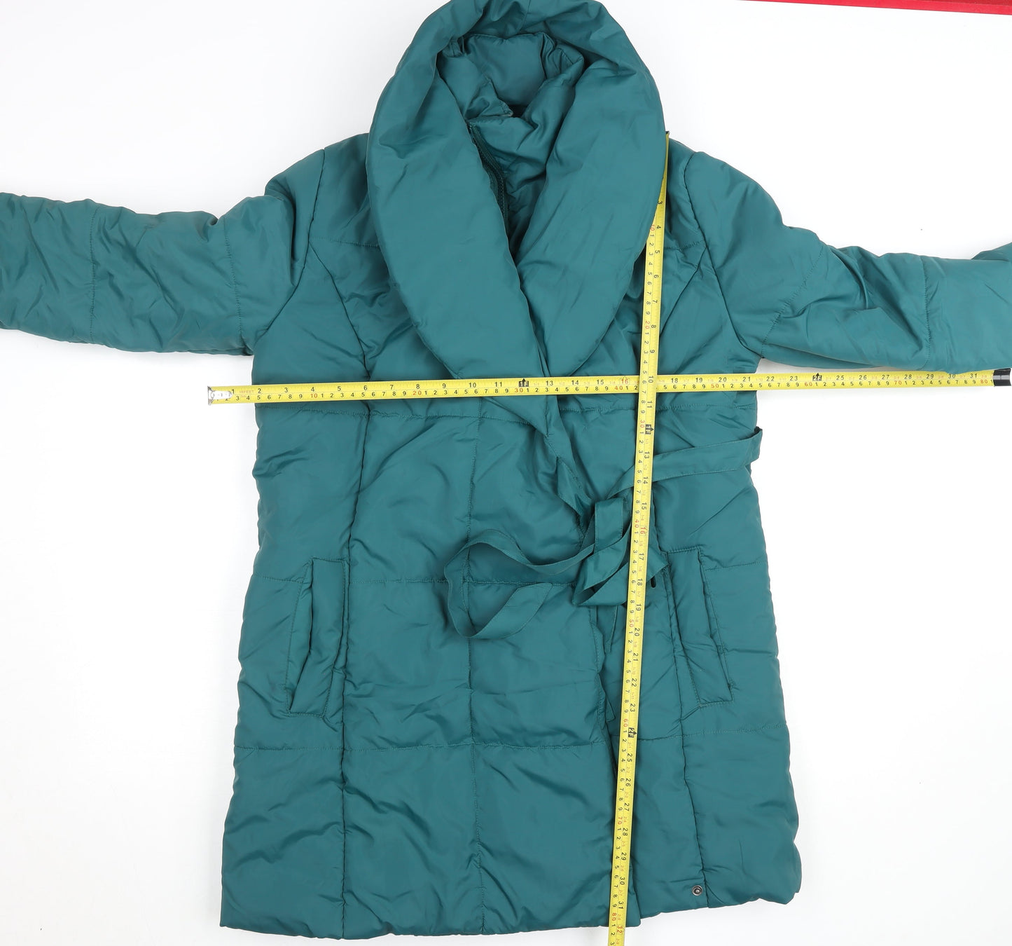 Mamalicious Women’s Green Long Puffer Coat M Maternity Belted
