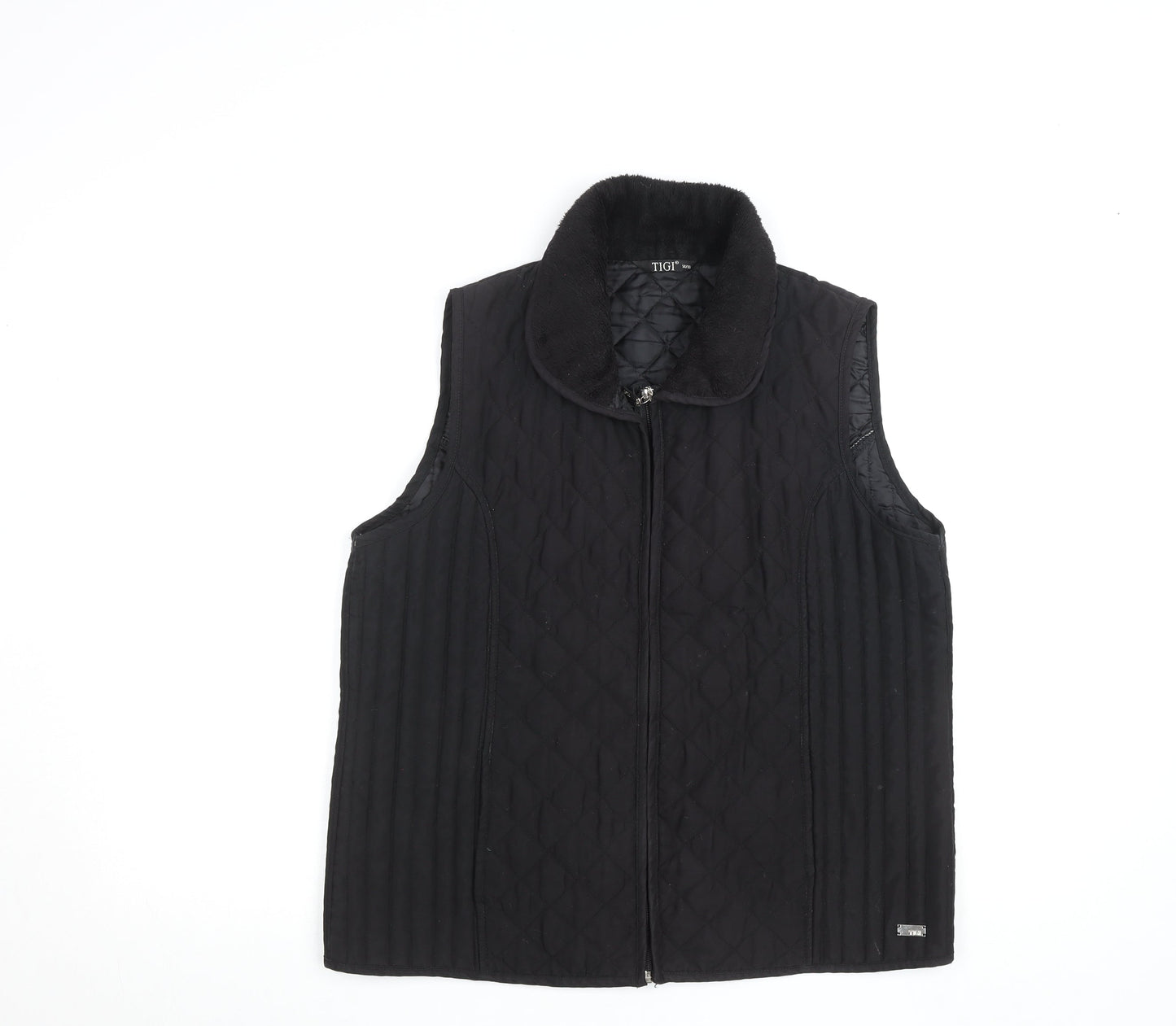 TIGI Womens Black Quilted Waistcoat M Sleeveless Zip Front