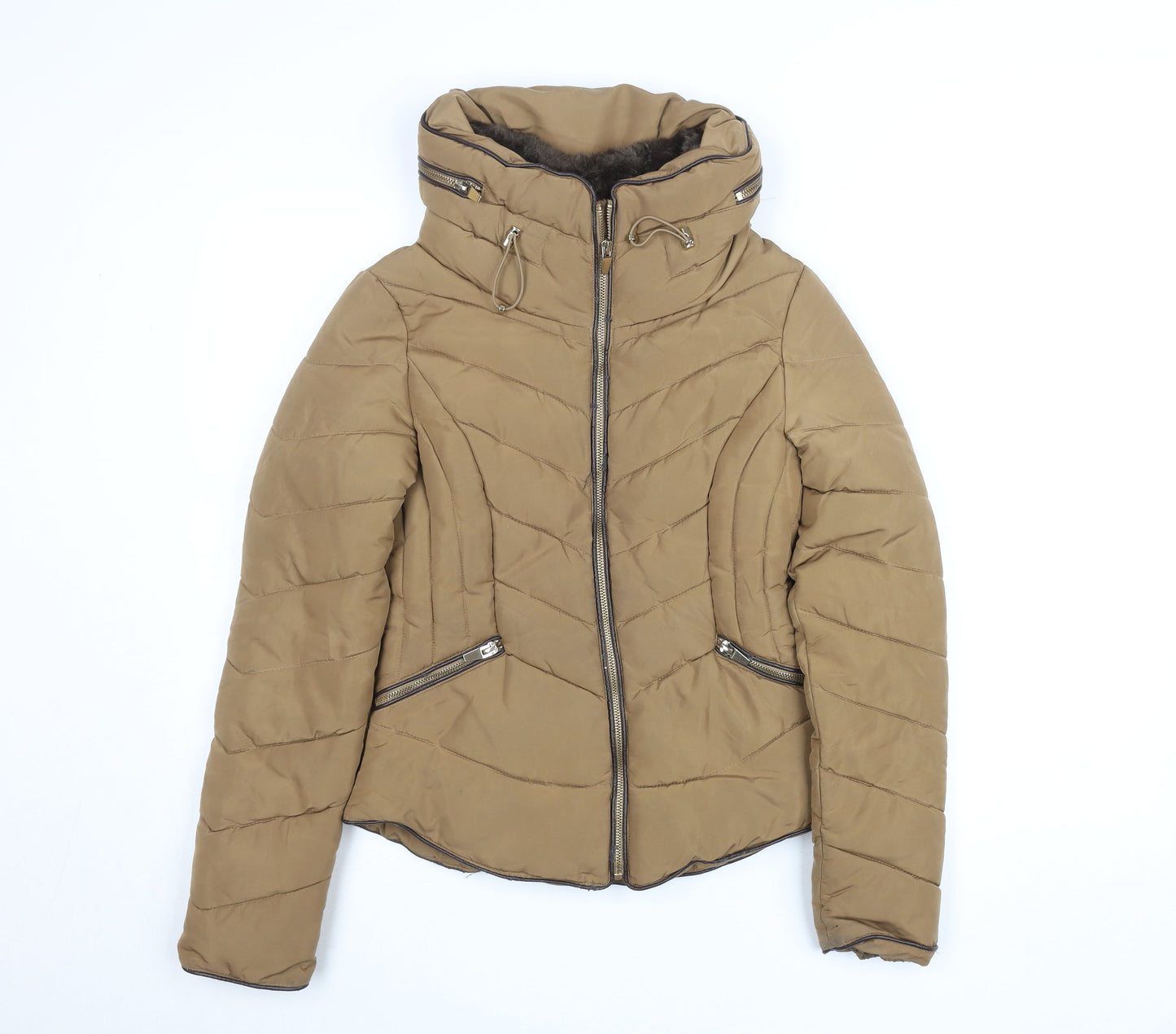 Zara Basic Women Brown Puffer Jacket S Hooded Quilted Winter Coat