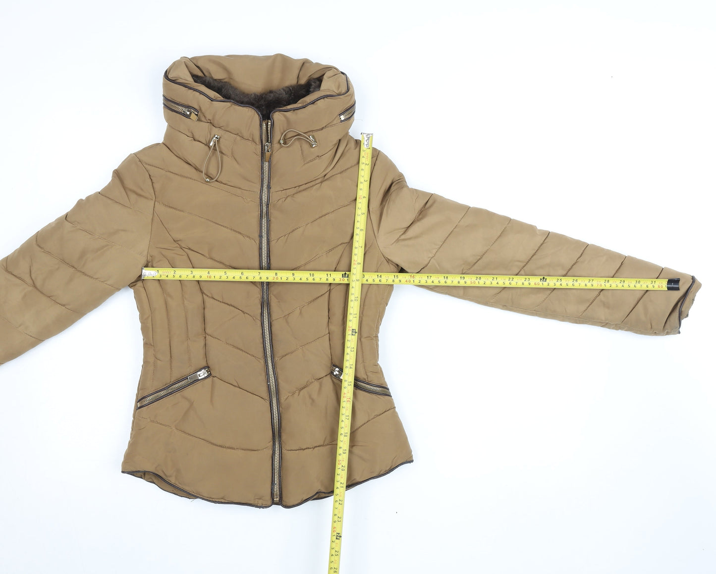 Zara Basic Women Brown Puffer Jacket S Hooded Quilted Winter Coat