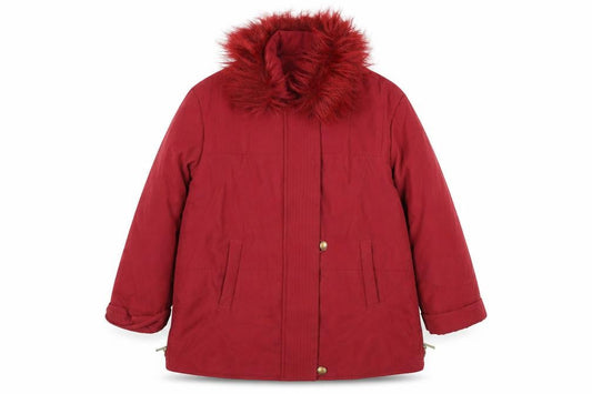Damart Women Red Faux Fur Trim Mid-Length Parka Coat Size 16