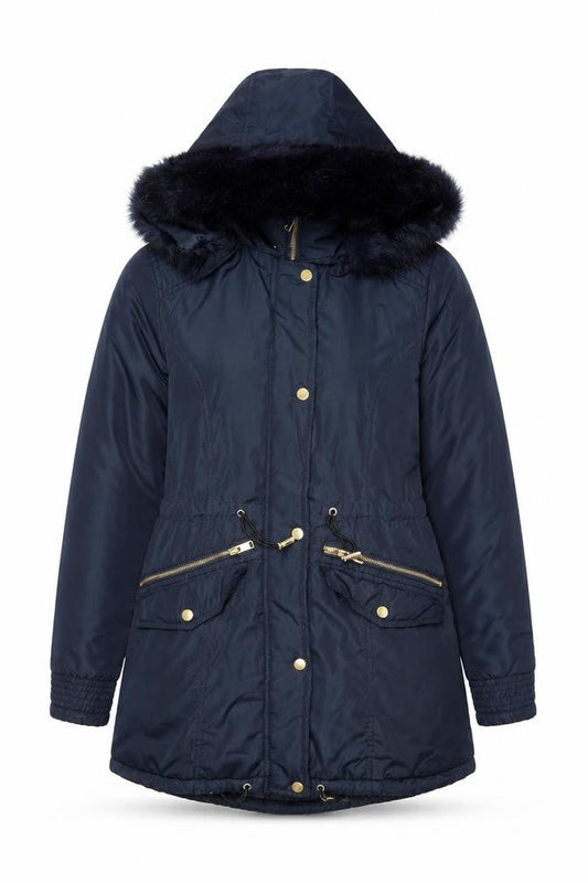 M&Co Womens Blue Faux Fur Trim Hooded Parka Coat Size 10